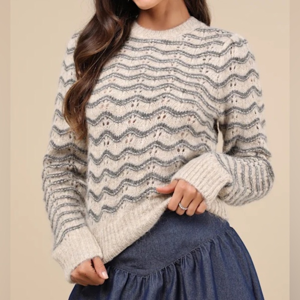 ASTR the Label Jaylani Taupe & Grey Pointelle Knit Pullover Sweater size Medium